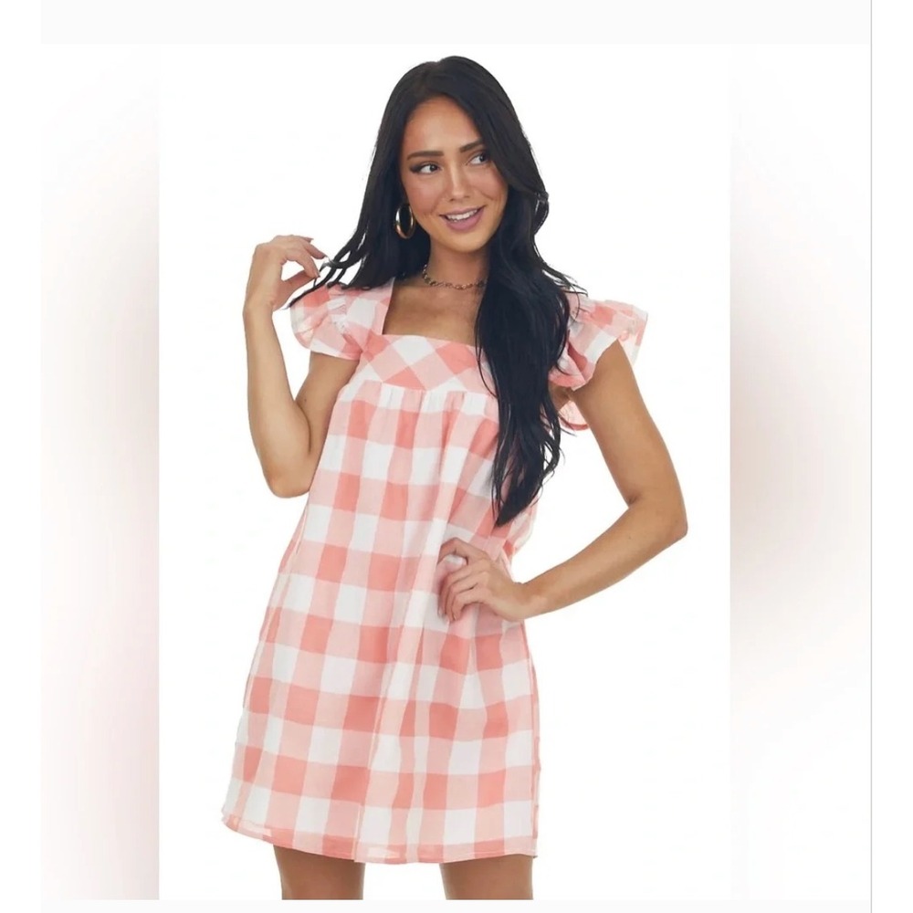 Entro Pink Gingham Ruffle Sleeve Babydoll Dress Large Square Neck Smocked Back